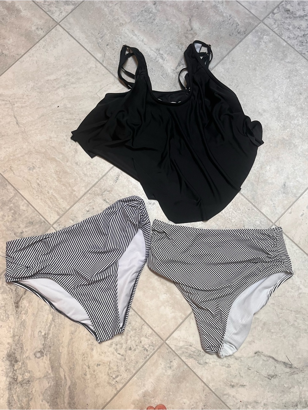 Black Swim Tankini Top with Black & White Striped High-Waist Bottoms